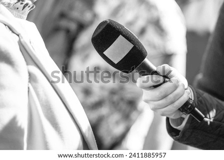 Similar – Image, Stock Photo Journalist holding microphone making media interview