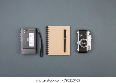 Journalist Workplace - Notepad, Recorder And Other Stuff, Flat View Above