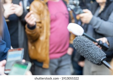 Journalists At Media Scrum Or Press Conference. Profession Of Journalism Concept.