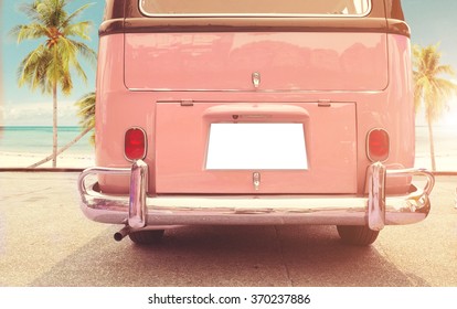 Journey Of Holiday - Rear Of Vintage Classic Van Parked Side Beach In Summer 