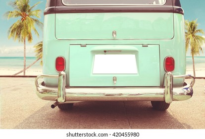 Journey Of Holiday - Rear Of Vintage Classic Van Parked Side Beach In Summer 