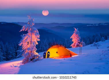 Journey through the winter alpine forests in the wild mountains of Ukraine photographic artist climber tourist equipment, powerful lantern fantasy turns the winter forest into a fairy tale