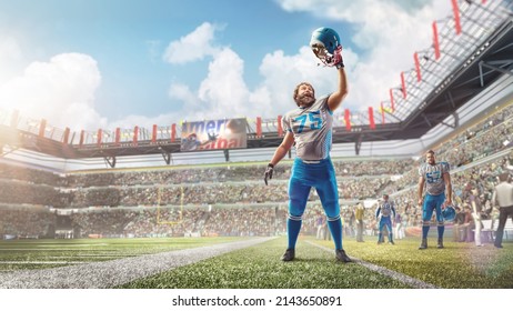Joy in football. American football player celebrating victory at professional sports stadium during daytime. Human emotions and facial expressions concept. Man - Powered by Shutterstock
