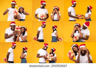 A joyful African American couple shares a festive moment, exchanging gifts and smiles while wearing Santa hats. They celebrate the spirit of love and togetherness in a colorful collage setting. - Powered by Shutterstock