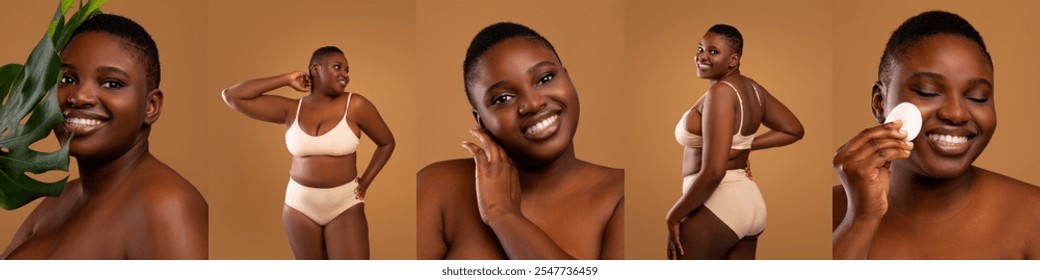 A joyful African American woman poses in a series of expressive looks, embracing her body and sharing moments of self-care while surrounded by warm, earthy tones. - Powered by Shutterstock