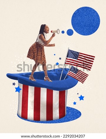 Joyful african woman making performance at independence day. American flag pattern decorations. Contemporary art collage. American culture, history, patriotism, holiday, 4th of july, democracy concept