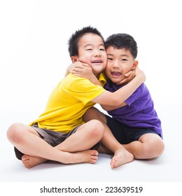 Joyful Asian Two Boys Isolated On White. 