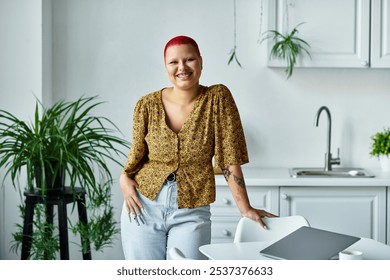 A joyful bald woman dressed in a stylish outfit stands gracefully by a kitchen table, smiling. - Powered by Shutterstock