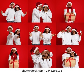 A joyful black couple wearing Santa hats interacts passionately, sharing laughter and excitement while posing with gifts. Their festive spirit shines through in the vibrant red background. - Powered by Shutterstock