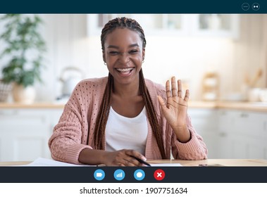 Joyful black woman making video call with laptop in kitchen interior, waving at screen, cheerful african american female having online web conference at home, screenshot image from device, collage - Powered by Shutterstock