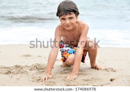 Similar – Image, Stock Photo Little boy doing exercise at beach