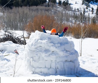 Joyful child almost finished Eskimo dwelling - igloo - Powered by Shutterstock