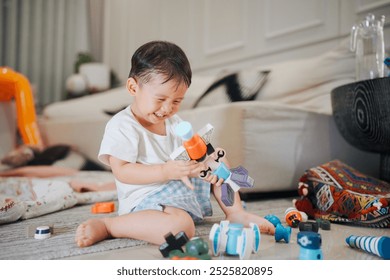 A joyful child playing with colorful toys on the floor, smiling in a cozy home setting. Capturing moments of happiness and creativity. - Powered by Shutterstock