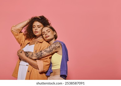 A joyful and diverse lesbian couple showcases affection and beauty in a bright studio setting. - Powered by Shutterstock