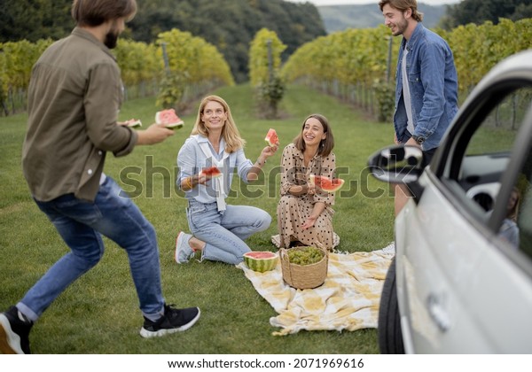 Joyful european friends on picnic near vineyards\
in countryside. Young men and women spend time together. Concept of\
winemaking and green tourism. Friendship. People with fresh\
watermelon and grapes