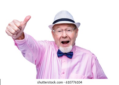 Joyful Excited Old Man Showing Thumb. Happiness. Success And Victory Concept. Isolated Over White.