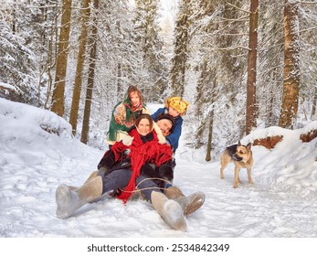 Joyful family ethnic dress with shawls, earflap hats, dog, sledge in winter forest in carnival Maslenitsa in Russia. Tourists in Shrovetide in spring. Mother, father, son, daughter having fun in snow - Powered by Shutterstock