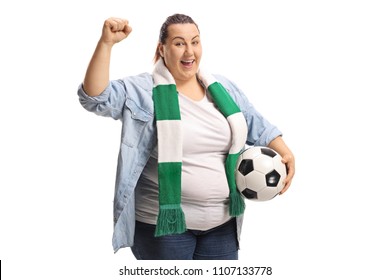 Joyful Female Soccer Fan With A Scarf And A Football Gesturing With Her Hand Isolated On White Background