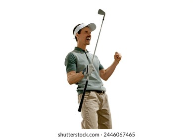 Joyful golfer in retro outfit and cap celebrating perfect goal with raised fist and golf club against white studio background. Concept of professional sport, luxury games, active lifestyle, action. Ad - Powered by Shutterstock