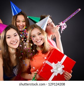 Joyful Happy Smiling Teen Girls Have Fun On Birthday Party, Over Black