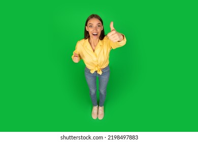 Joyful Lady Gesturing Thumbs Up Approving Offer Smiling Looking At Camera Standing Posing Over Green Studio Background. I Like It, Approval Concept. High Angle Shot