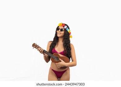 Joyful Latin woman wearing a flower crown and sunglasses plays the ukulele, enjoying a fun day at the beach during summer on white background - Powered by Shutterstock