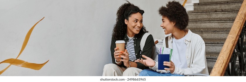 A joyful lesbian couple relaxes near stairs, sharing laughter and drinks while exploring together. - Powered by Shutterstock