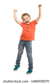 JOYFUL LITTLE BOY SUPPORTING WITH HANDS UP WHILE STANDING ISOLATED ON WHITE BACKGROUND