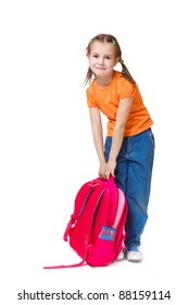 Joyful Little Girl With A Heavy Backpack