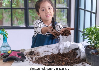 Joyful little girl holding black soil in her hand for planting in greenhouse. Lovely cute 6s kid girl planting flower while holding dry ground in her hand at home. Learning concepts for children