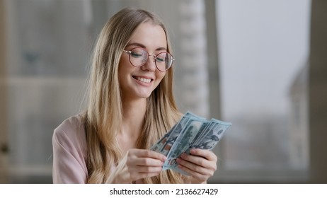 Joyful Rich Girl Counting Cash In Office Successful Caucasian Lady Businesswoman Getting Bundle Of Money Happy Woman With Jackpot Salary Dollars Banknotes Winning Victory Accounting Budget Bet