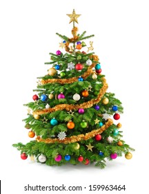 Joyful studio shot of a Christmas tree with colorful ornaments, isolated on white