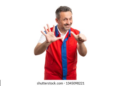 Joyful Supermarket Or Hypermarket Male Employee Holding Up Six Fingers As Counting Sixth Gesture Isolated On White Studio Background