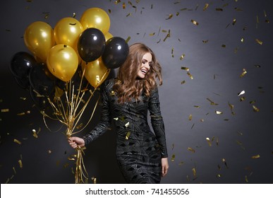 Joyful Woman With Bunch Of Balloons 
