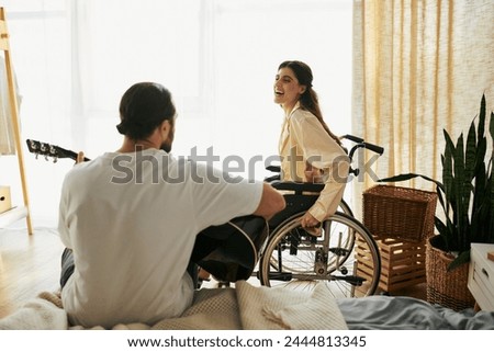 Similar – Image, Stock Photo Joyful wheelchair user with assistant enjoying outdoors