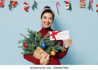 Joyful Young Curly Brunette Woman 20s Wears Red Sweater Hold Bouquet Of Spruce Branches Gift Certificate Coupon Voucher Card For Store Isolated On Plain Pastel Light Blue Background Studio Portrait