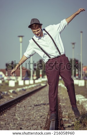 Similar – man traveling in train carriage