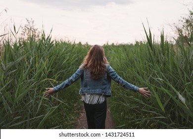 Joyful young girl with long brown hair wearing a denim jacket, walking in the meadow with open arms and hands touching the grass. She's enjoying the nature on a beautiful summer evening - Shutterstock ID 1431724511