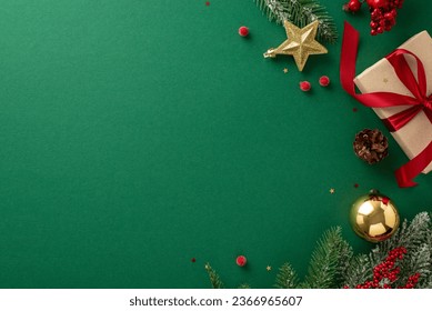 Joyous Noel: A festive composition with craft giftbox, red ribbon, elegant tree ornaments, golden bauble, star, mistletoe, hoarfrost-covered spruce, and confetti on a cheerful green background