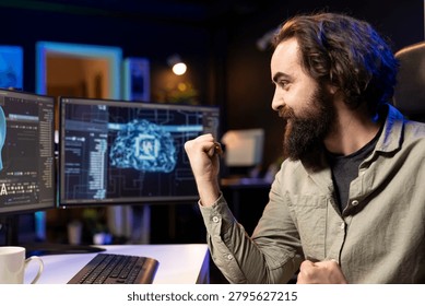 Joyous software developer celebrating after awakening sentient AI capable of human level of intelligence, IT professional delighted to interact with self aware sentient artificial intelligence.