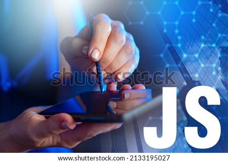 JS programming. Abbreviated javascript logo. Mobile development concept using javascript. Creation of applications for javascript. Multi-paradigm programming language. JS programmer search banner