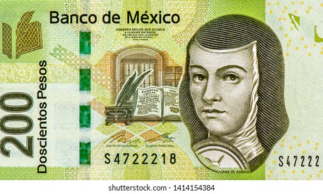 Juana de Asbaje Portrait from Mexico 200 Pesos Banknotes. 