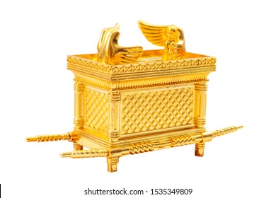 Judeo Christian Mythology, Mysterious Story From The Bible And Biblical Myth Conceptual Idea With Golden Lost Ark Of The Covenant Isolated On White Background With A Clipping Path Cutout