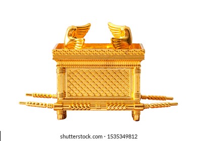 Judeo Christian Mythology, Mysterious Story From The Bible And Biblical Myth Conceptual Idea With Golden Lost Ark Of The Covenant Isolated On White Background With A Clipping Path Cutout