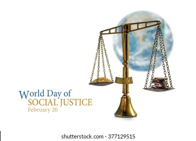 Judge balance with rice and coins in front of a blurred world globe isolated on a white background and the text World Day of Social Justice, February 20. Elements of this image furnished by NASA. - Powered by Shutterstock