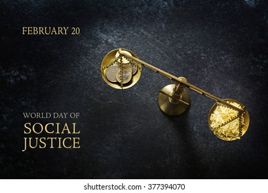 Judge balance with rice and coins on a dark slate plate, view from above, concept with text World Day of Social Justice, February 20, selected focus, narrow depth of field - Powered by Shutterstock