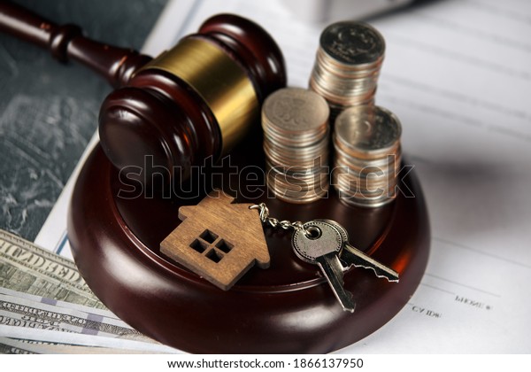 Judge gavel, coinsand wooden model of\
house. Concept of real estate auction or dividing house when\
divorce, division of property, real estate, law\
system