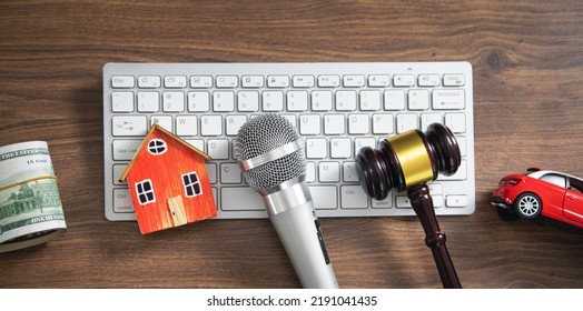 Judge Gavel, House, Money, Car, Microphone, Computer Keyboard. Concept Of Auction