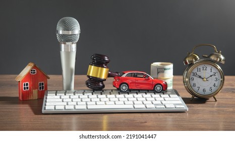 Judge Gavel, House, Money, Car, Microphone, Computer Keyboard. Concept Of Auction