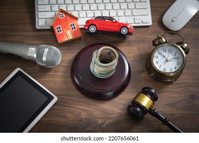 Judge Gavel, House, Money, Car, Microphone, Computer Keyboard. Concept Of Auction